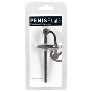 Plug za penis – silikonski prsten za glavić s udubljenim dilatatorom (crni)
