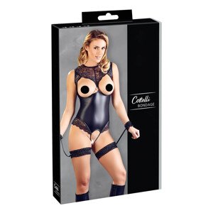 Cottelli Bondage - sjajni otvoreni body i lisice za ruke (crni) - M