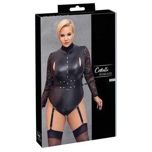 Cottelli Bondage Plus Size - čipkasti body s dugim rukavima (crna) - 3XL